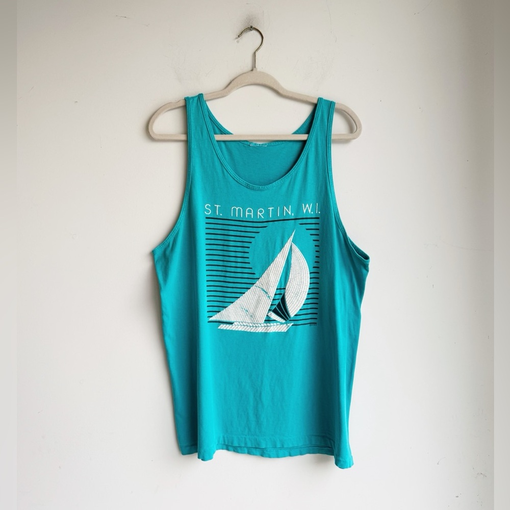 Vintage 90s Sailboat Tank Top | Puffy Print Single Stitch | Best Fit M